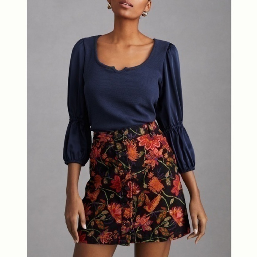 Anthropologie Maeve Ribbed Tiered Balloon Sleeve Top Navy Blue Blouse XS NWT